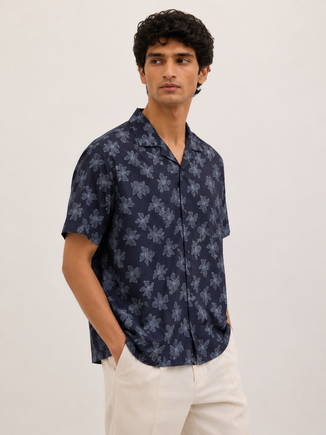 Men’s Navy Blue Floral Print 100% Cotton Relaxed Fit Half Sleeve Shirt | MARK & ALBERT