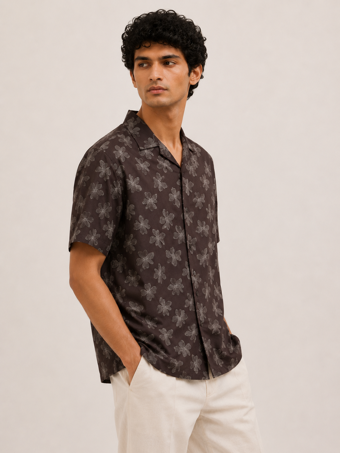 Men’s Brown Floral All Over Print 100% Cotton Relaxed Fit Half Sleeve Shirt | MARK & ALBERT