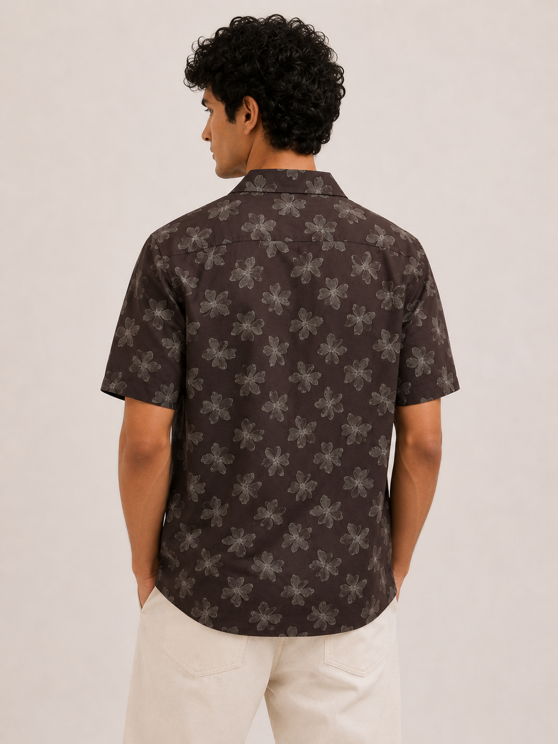 Men’s Brown Floral All Over Print 100% Cotton Relaxed Fit Half Sleeve Shirt | MARK & ALBERT