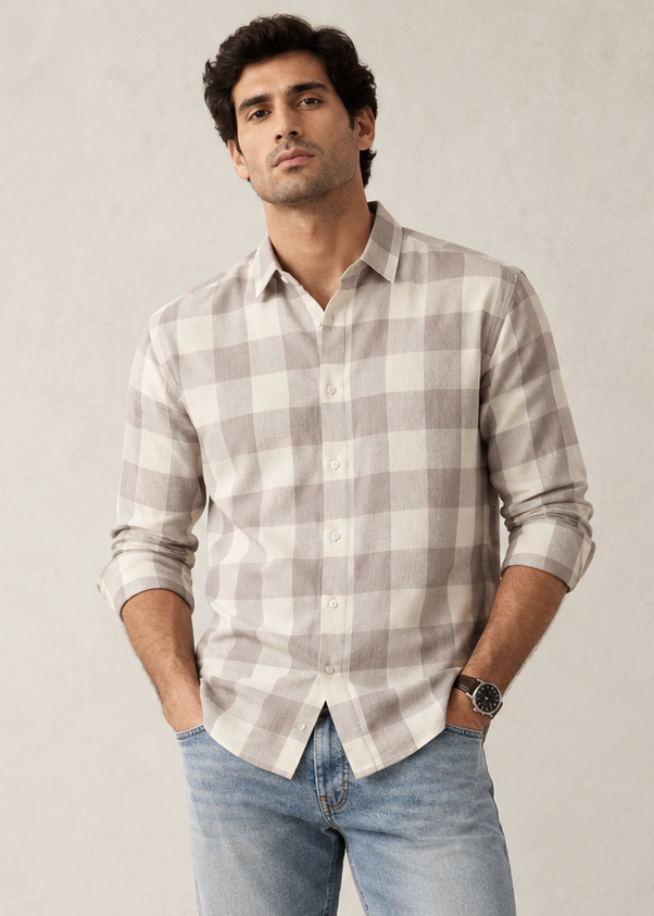 Men's Slim Fit Dusty Pink Buffalo Check Linen Shirt | MARK & ALBERT