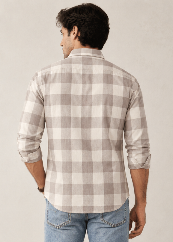 Men's Slim Fit Dusty Pink Buffalo Check Linen Shirt | MARK & ALBERT