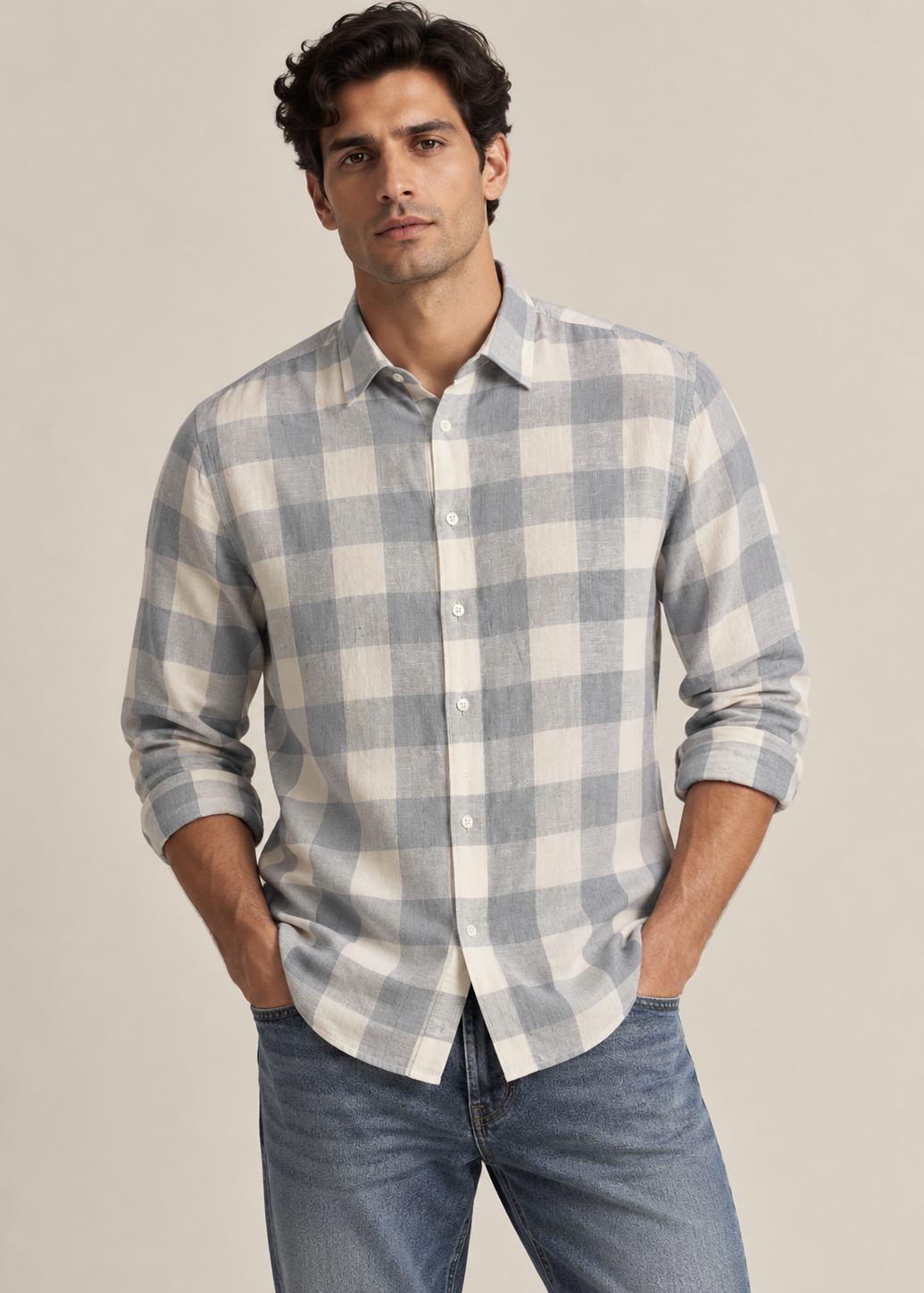 Men's Slim Fit Grey Buffalo Check Linen Shirt | MARK & ALBERT