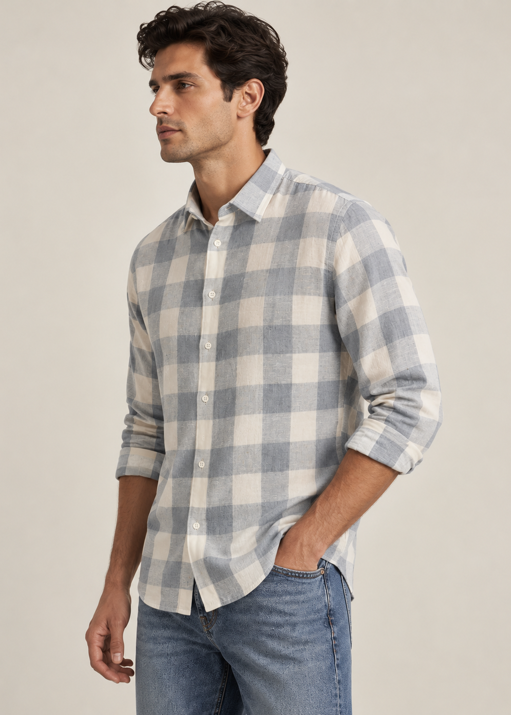 Men's Slim Fit Grey Buffalo Check Linen Shirt | MARK & ALBERT