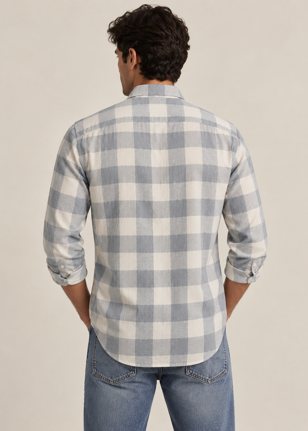 Men's Slim Fit Grey Buffalo Check Linen Shirt | MARK & ALBERT
