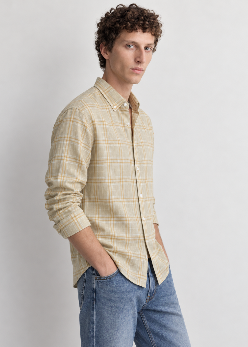 Men's Slim Fit Yellow Plaid Check Linen Shirt | MARK & ALBERT