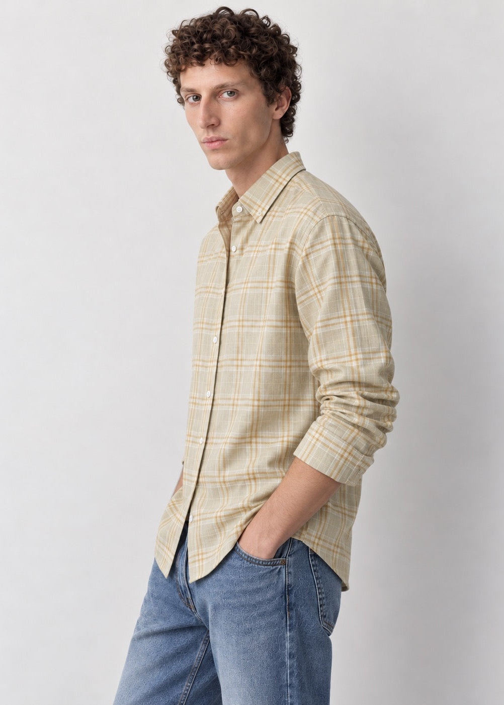 Men's Slim Fit Yellow Plaid Check Linen Shirt | MARK & ALBERT