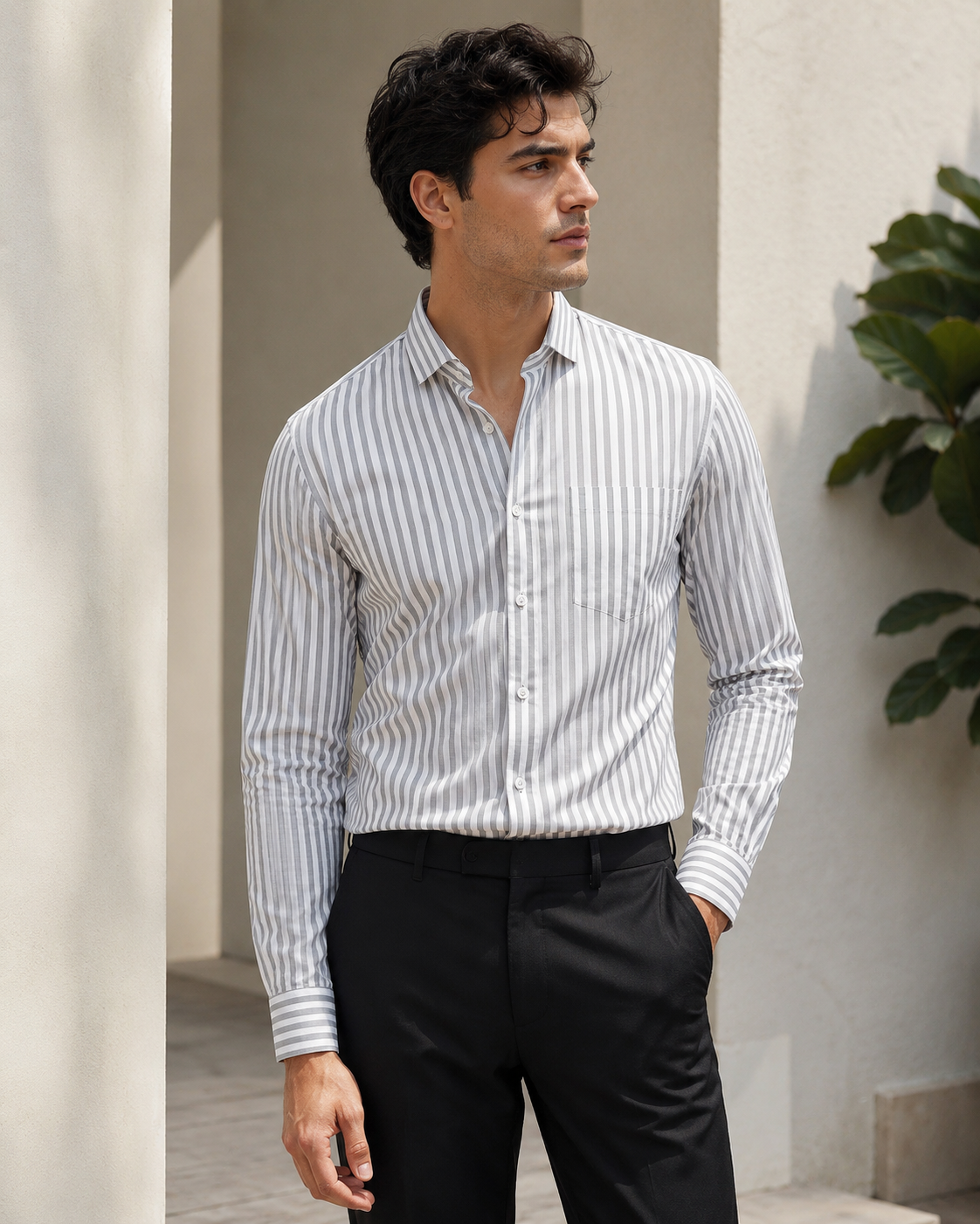 Men's 100% Cotton Grey Striped Shirt