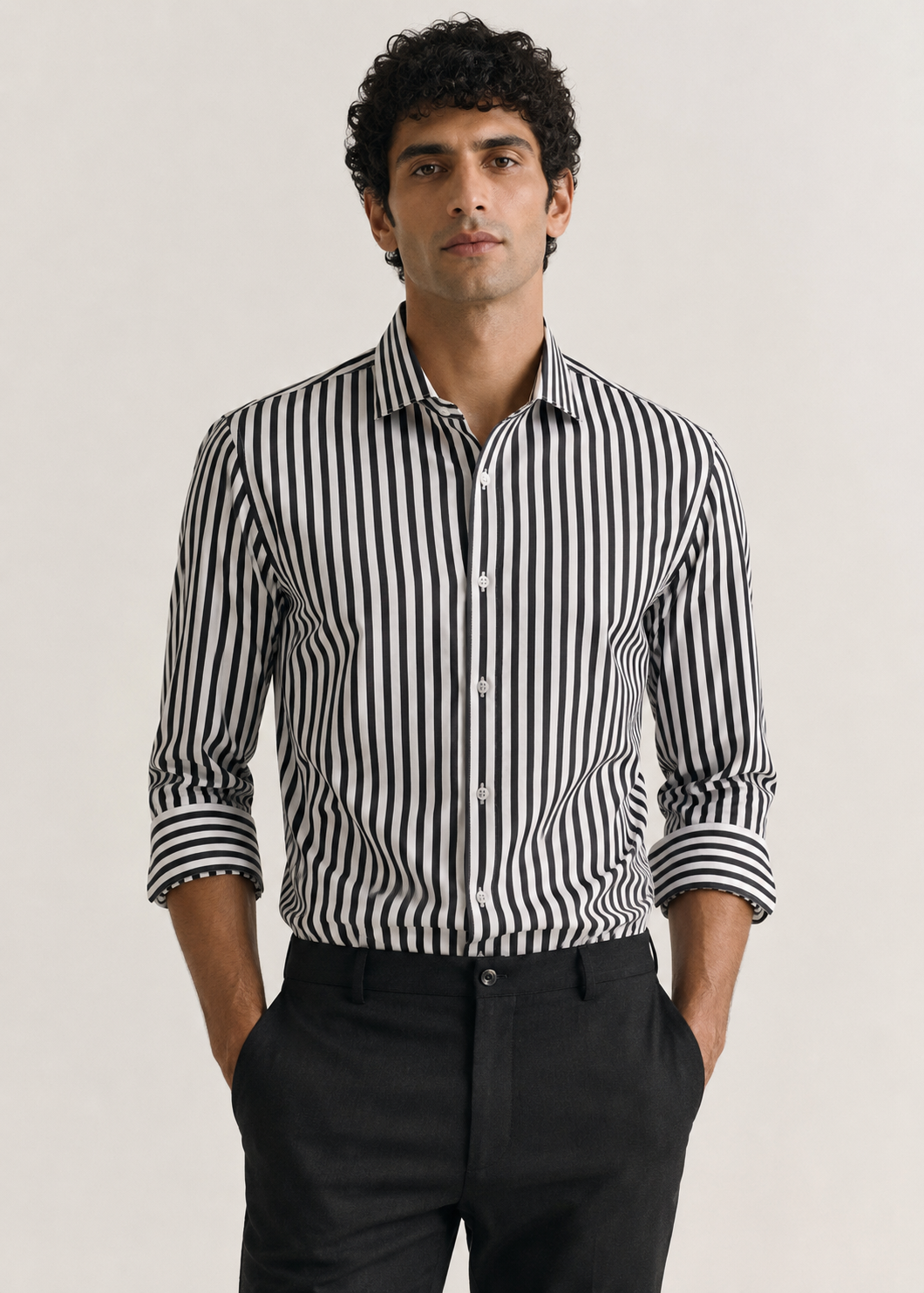 Men's 100% Cotton Black Striped Shirt