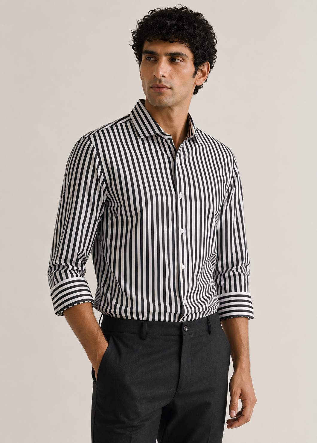 Men's 100% Cotton Black Striped Shirt