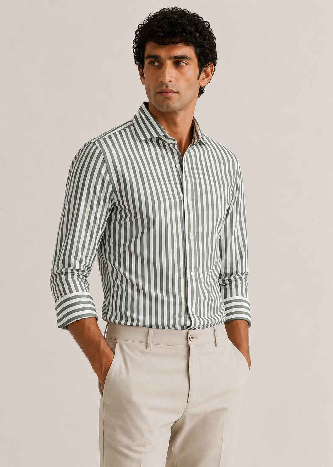 Men's 100% Cotton Green Striped Shirt