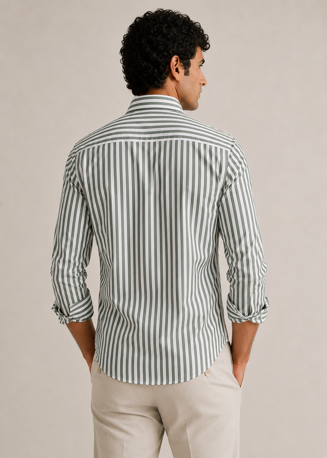 Men's 100% Cotton Green Striped Shirt