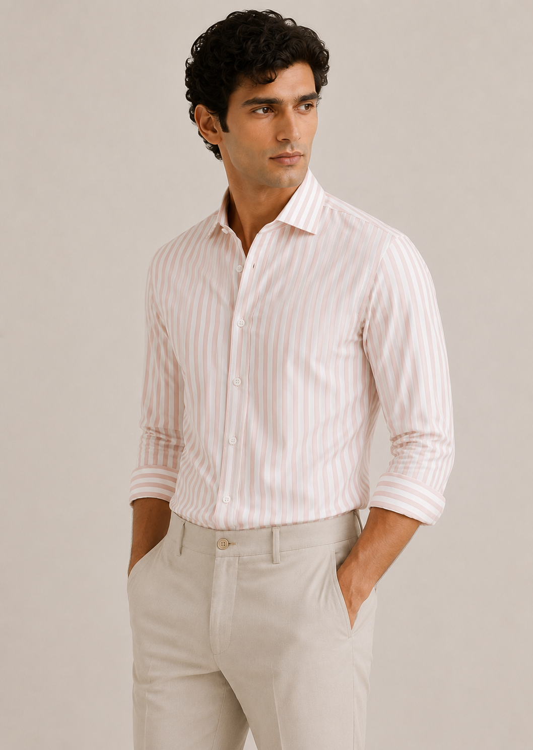 Men's 100% Cotton Pink Striped Shirt