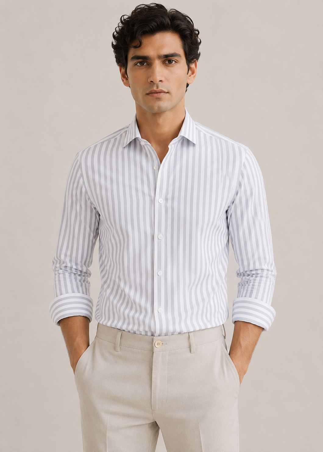 Men's 100% Cotton Grey Striped Shirt
