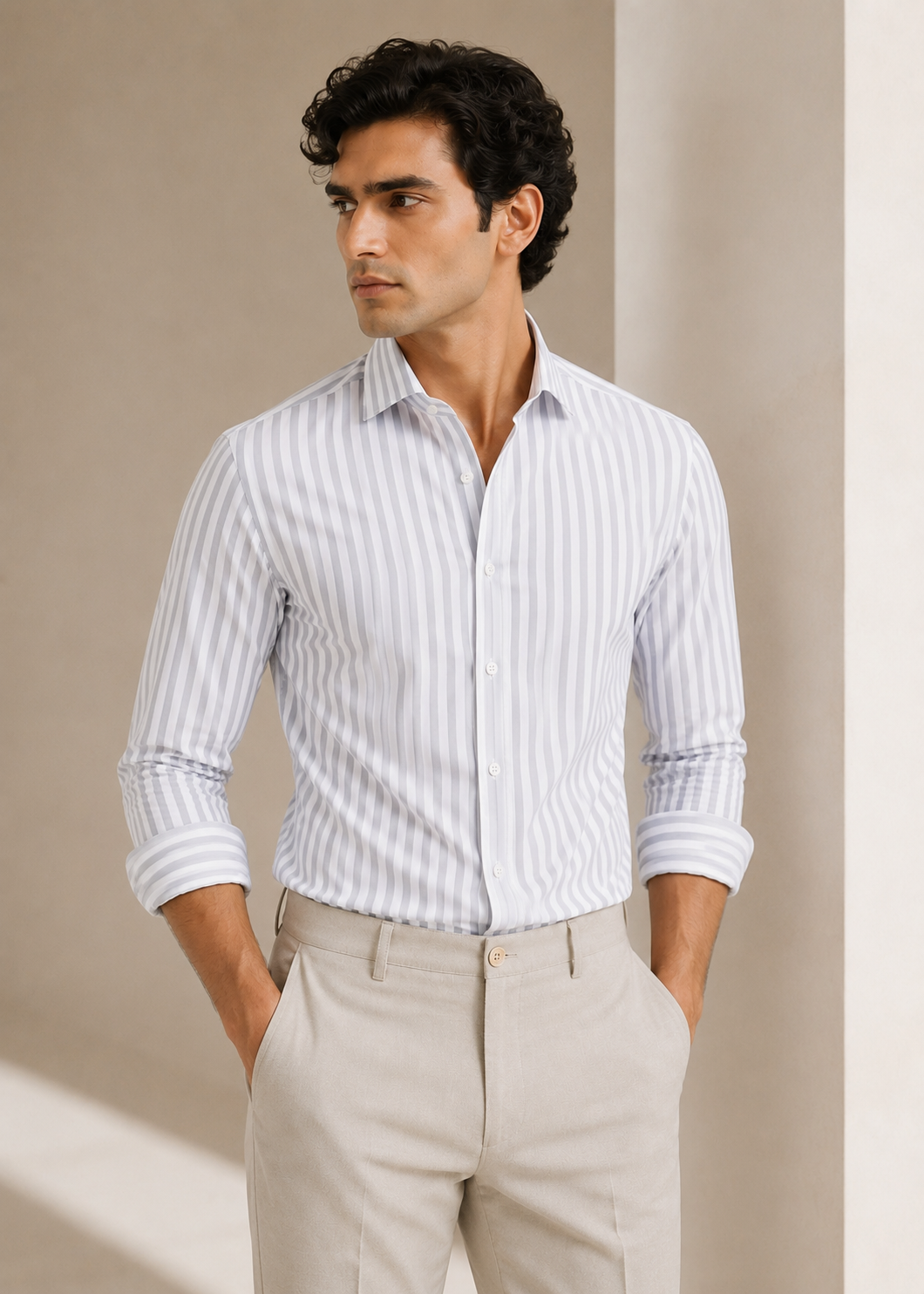 Men's 100% Cotton Grey Striped Shirt