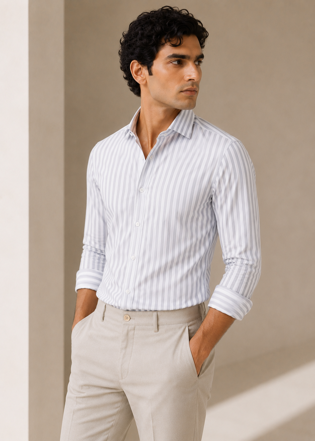Men's 100% Cotton Grey Striped Shirt