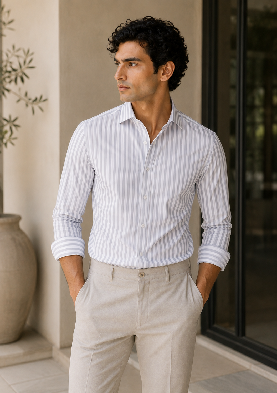 Men's 100% Cotton Grey Striped Shirt