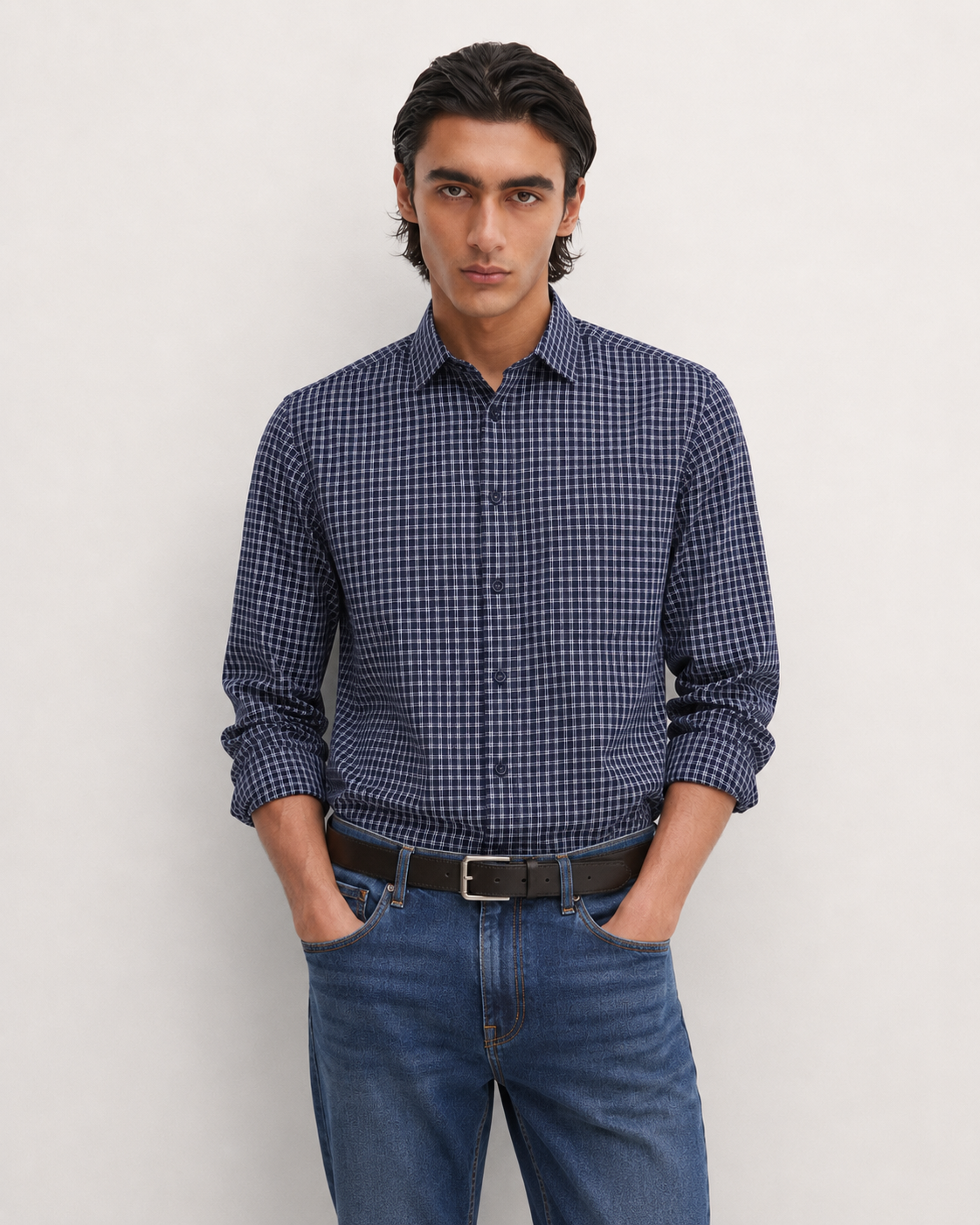 Men's Blue Checks Cotton Semi Formal Slim Fit Shirt | MARK & ALBERT