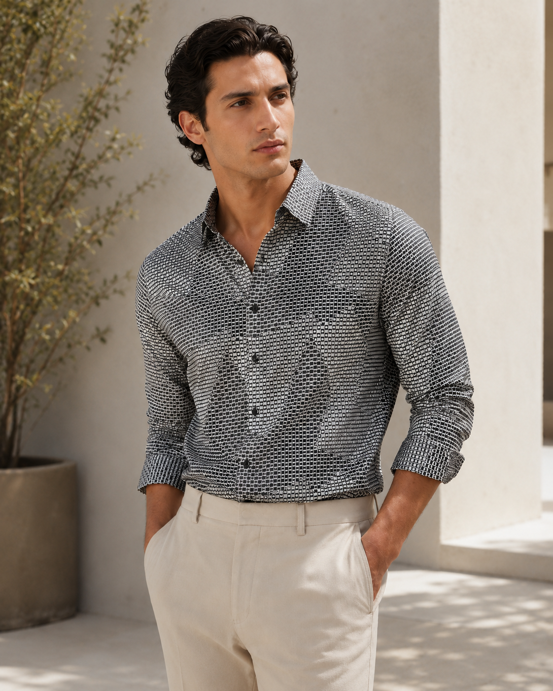 Men's Slim Fit Black Abstract Printed Giza Cotton Party Wear Shirt | MARK & ALBERT