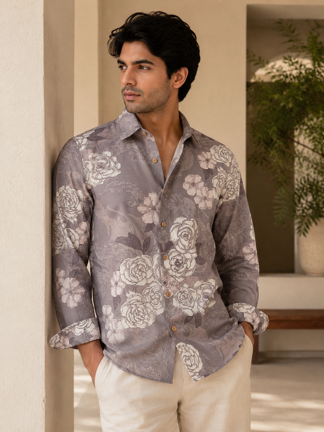 Luxury Grey Botanical Linen Shirt – Slim Fit