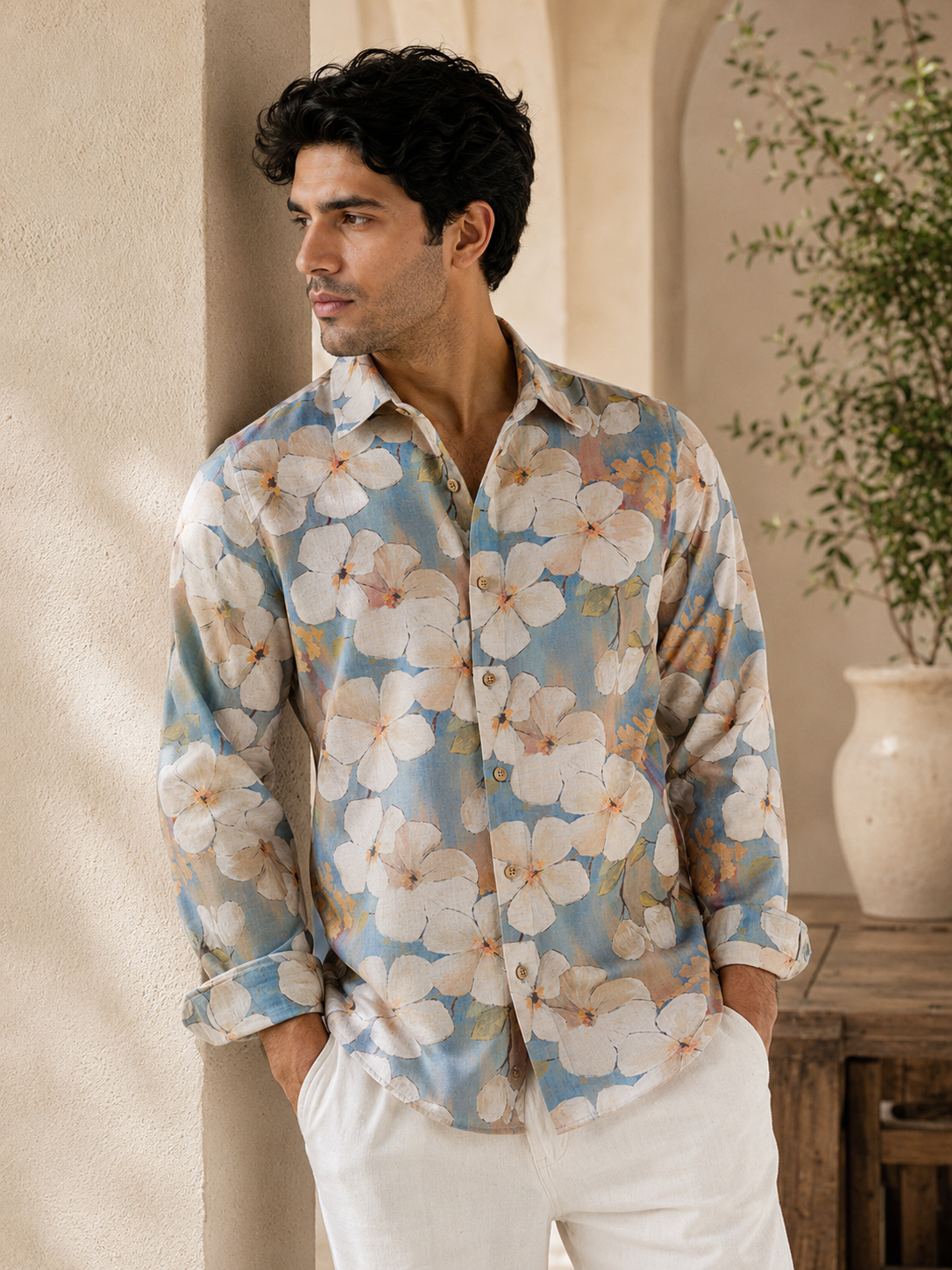 Luxury Slate Blue Floral Linen Shirt – Slim Fit