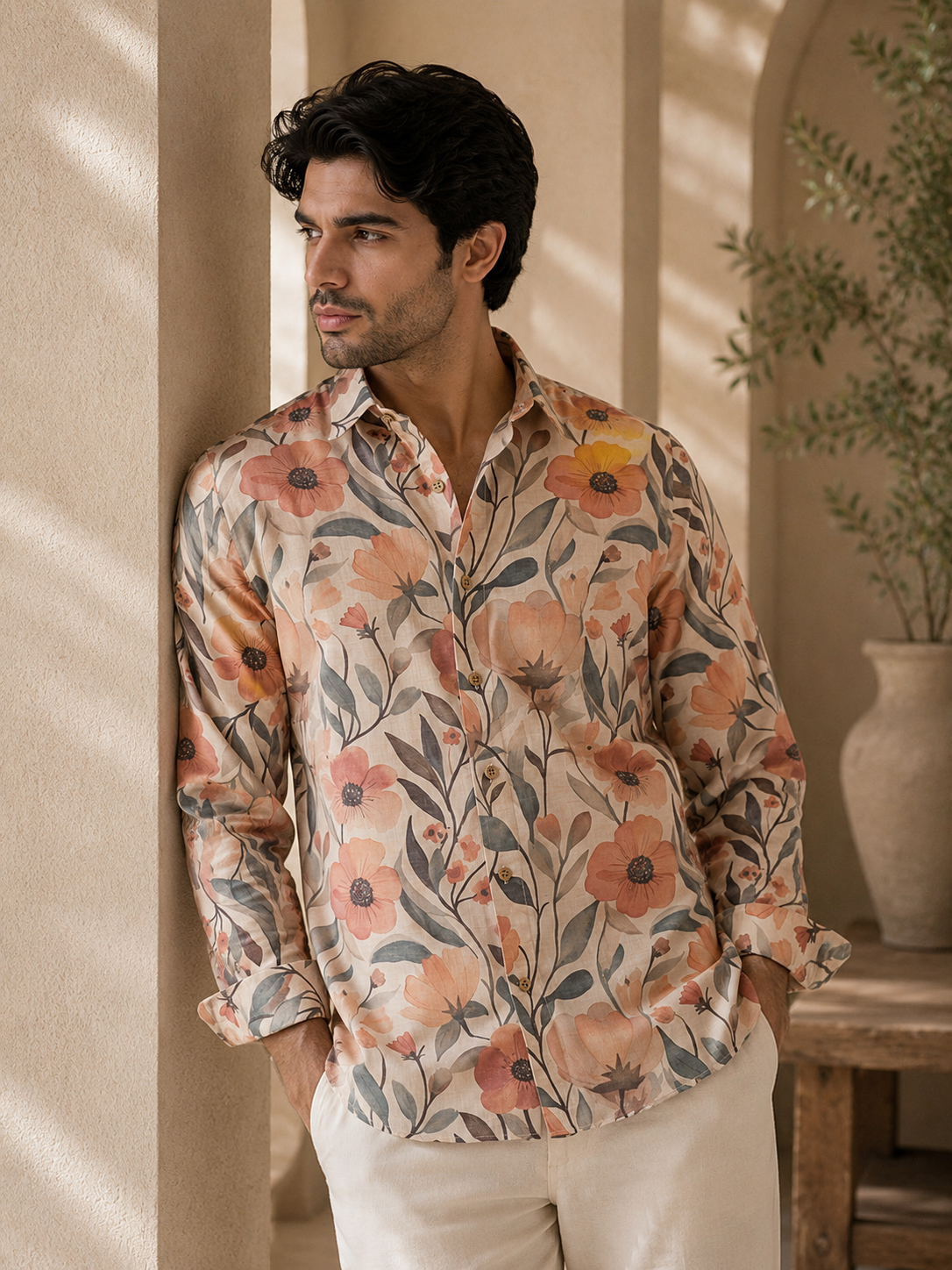 Luxury Peach Floral Digital Print Shirt – Slim Fit