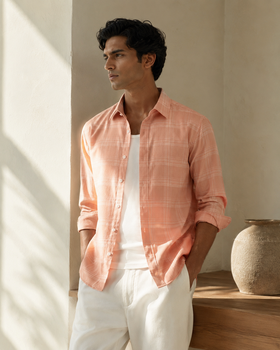 100% Cotton Peach Checkered Casual Shirt