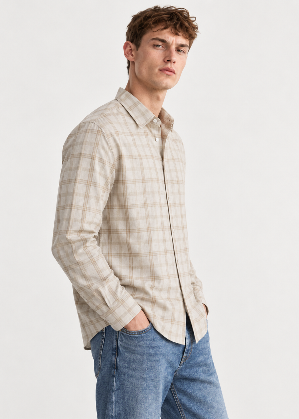Men's Slim Fit Beige Plaid Check Linen Shirt | MARK & ALBERT