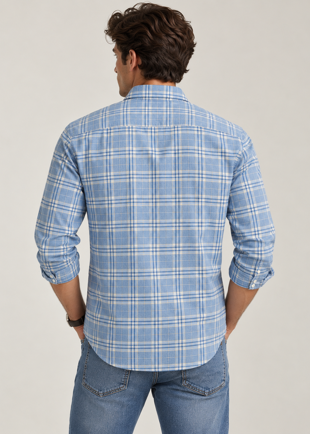 Men's Slim Fit Sky Blue Plaid Check Linen Shirt | MARK & ALBERT