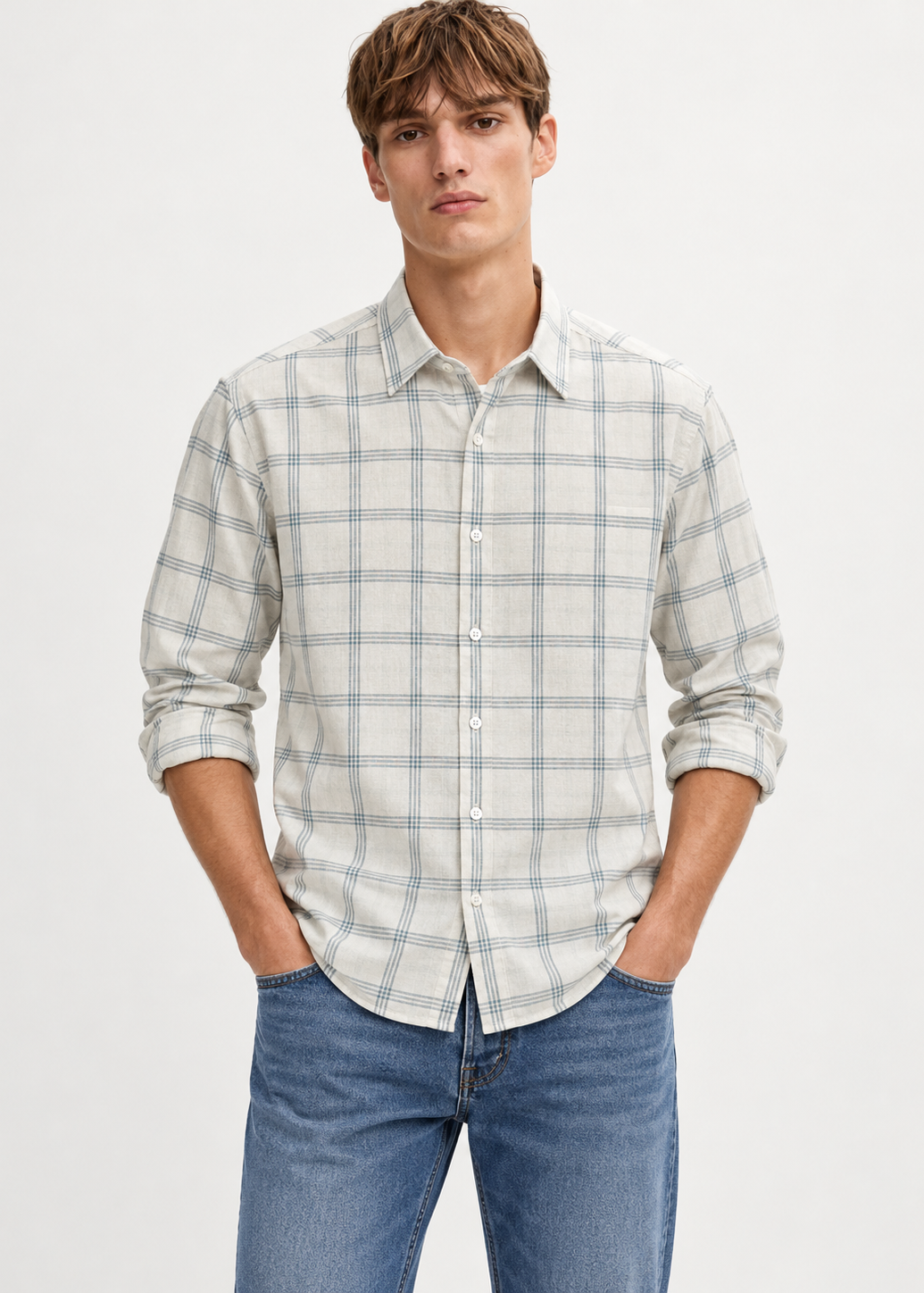 Men's Slim Fit Light Sage Plaid Check Linen Shirt | MARK & ALBERT