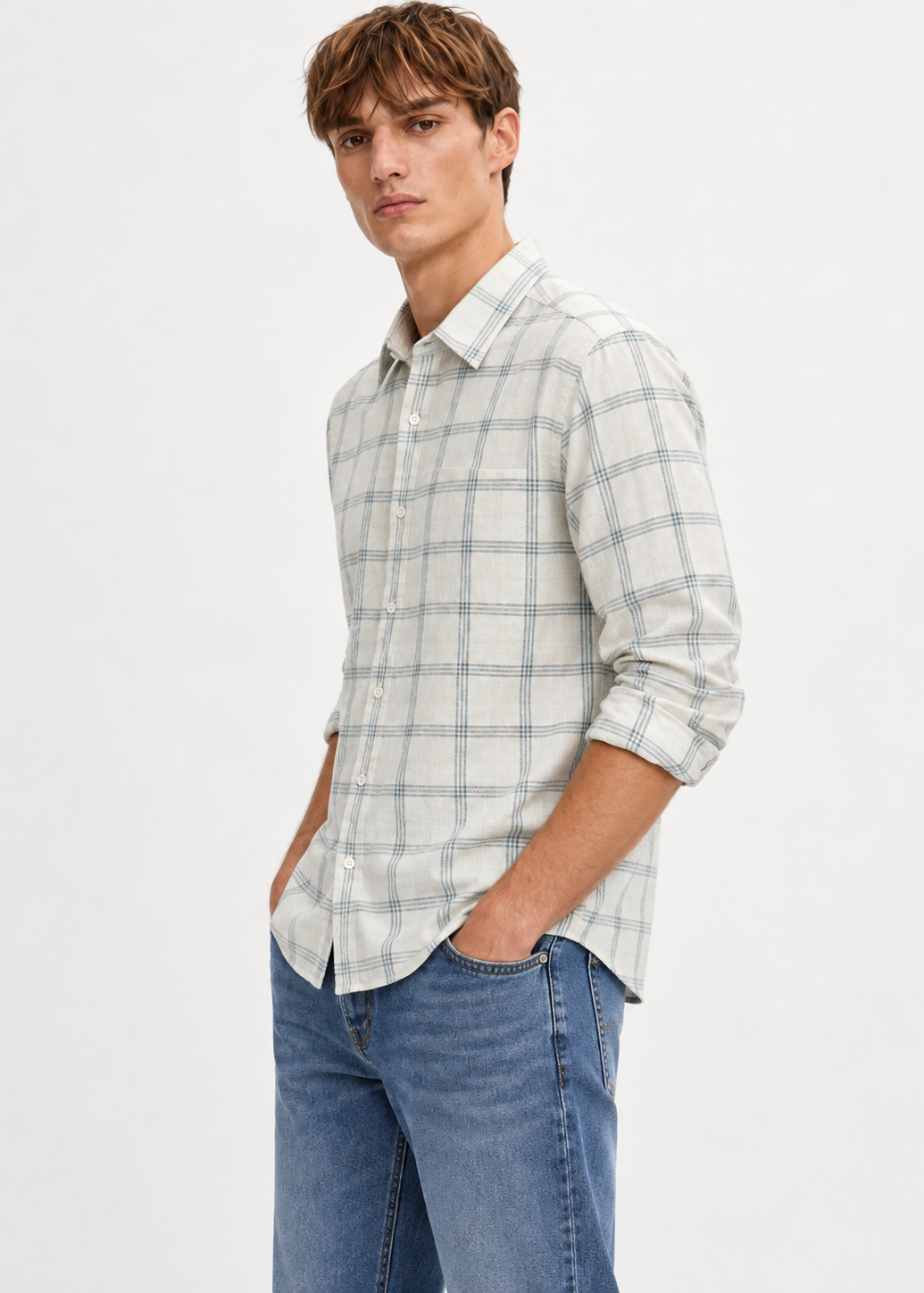 Men's Slim Fit Light Sage Plaid Check Linen Shirt | MARK & ALBERT