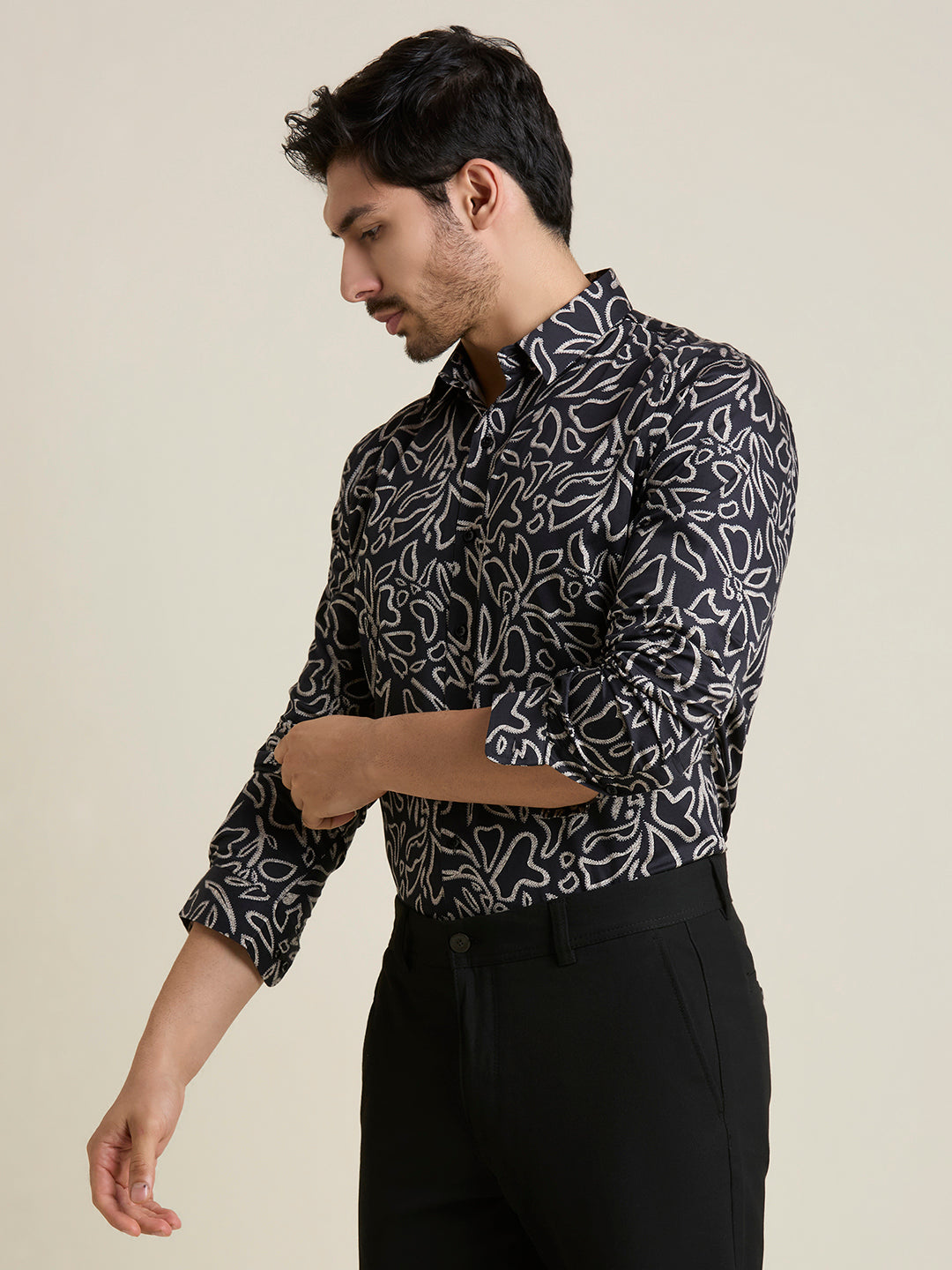 Men's Slim Fit Black Printed 100% Cotton Shirt | Mark & Albert