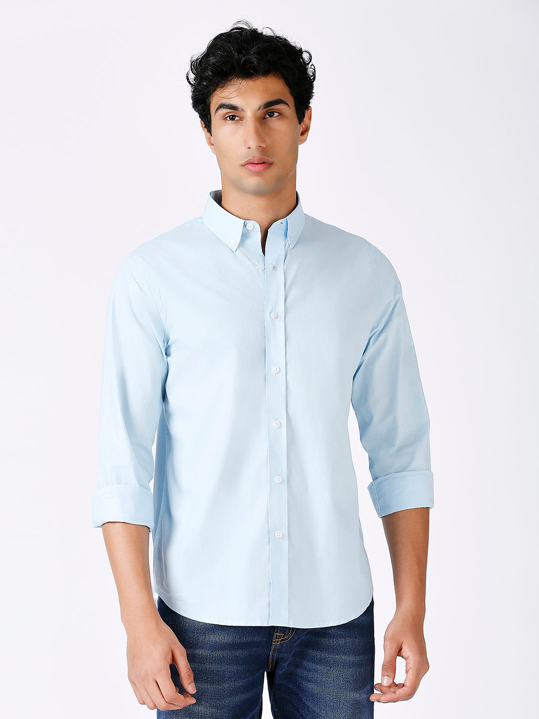 Solid Slim Fit Sky Blue Casual Shirt