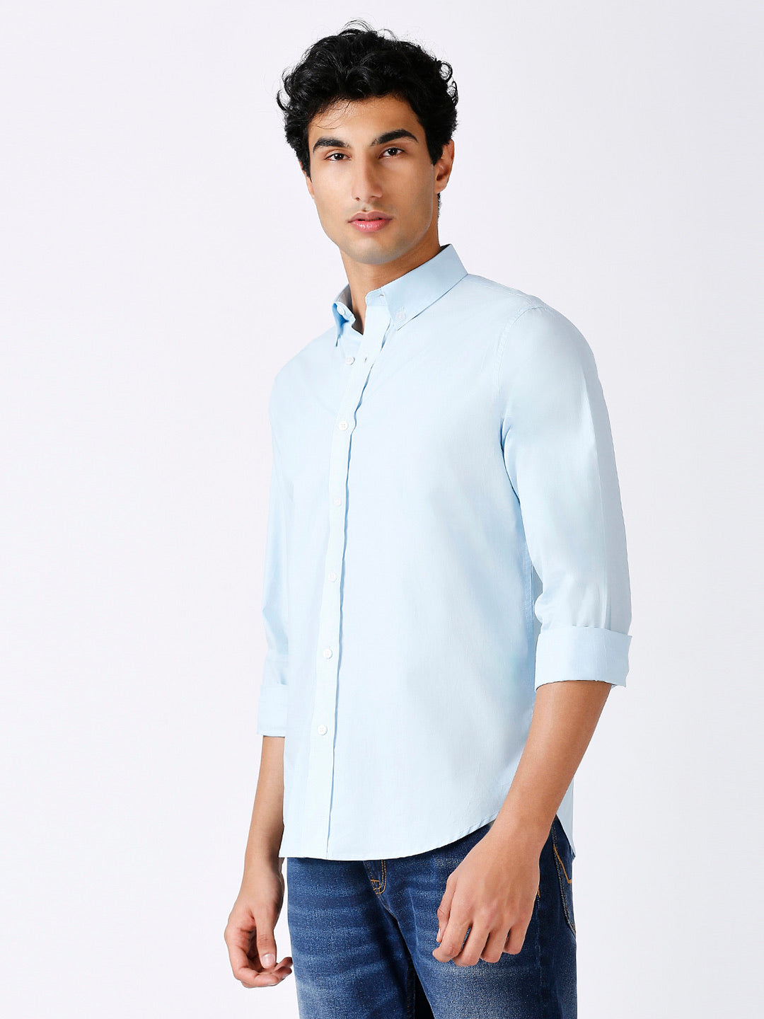 Solid Slim Fit Sky Blue Casual Shirt