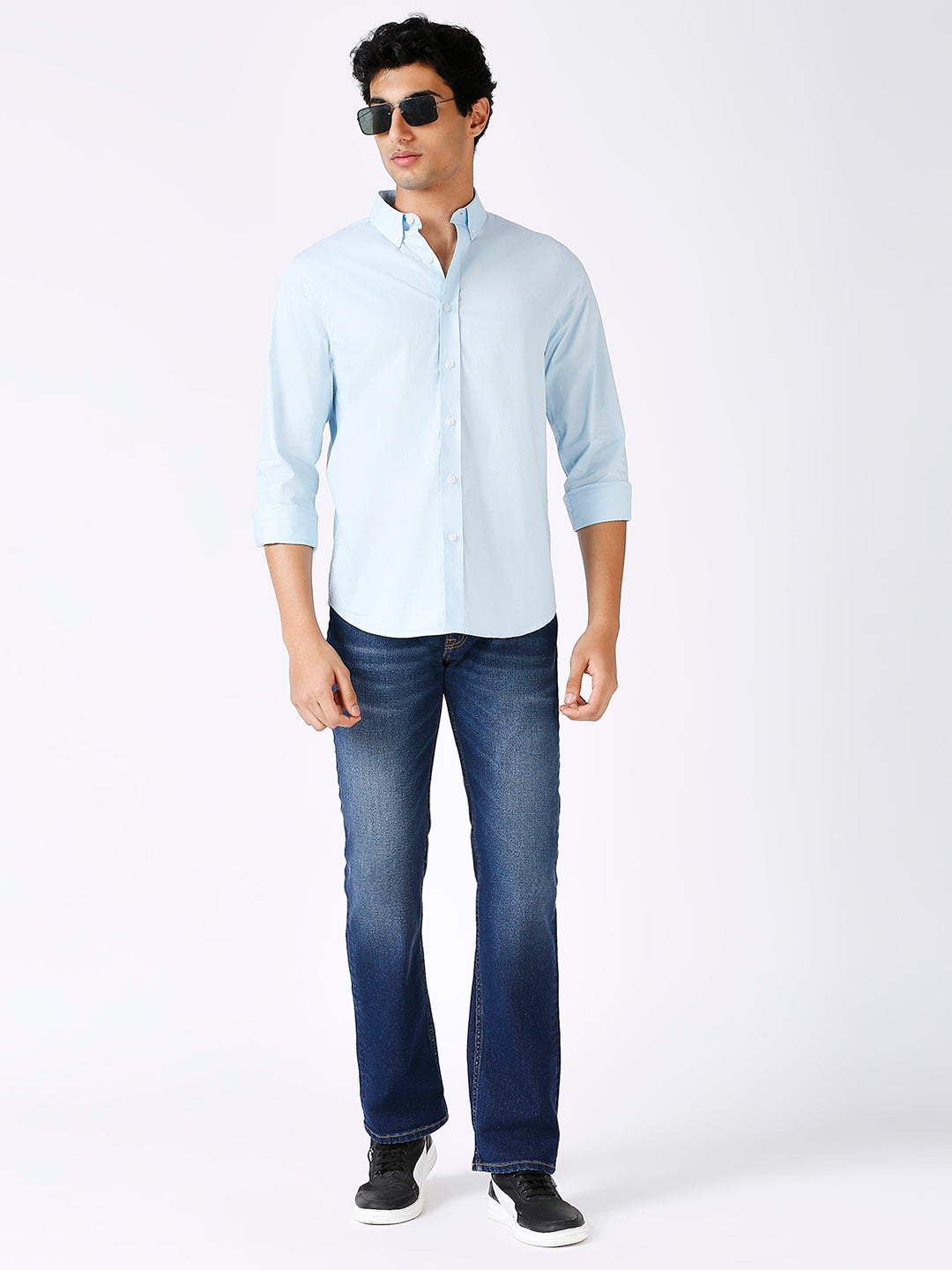 Solid Slim Fit Sky Blue Casual Shirt