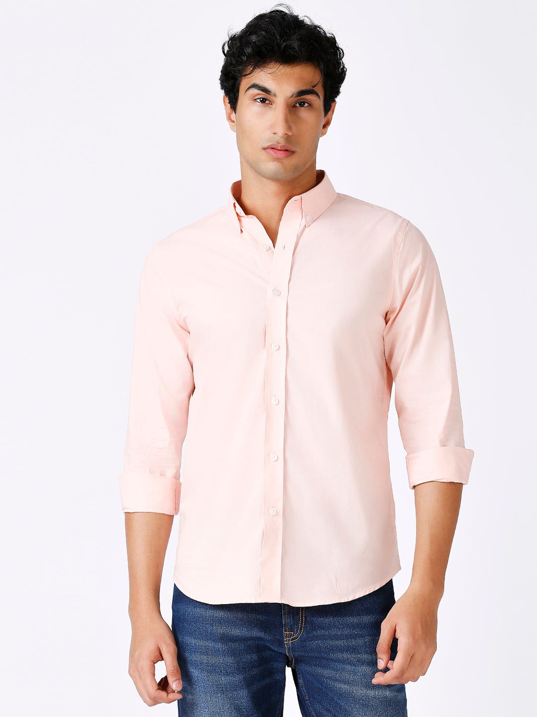 Solid Slim Fit Pink Casual Shirt