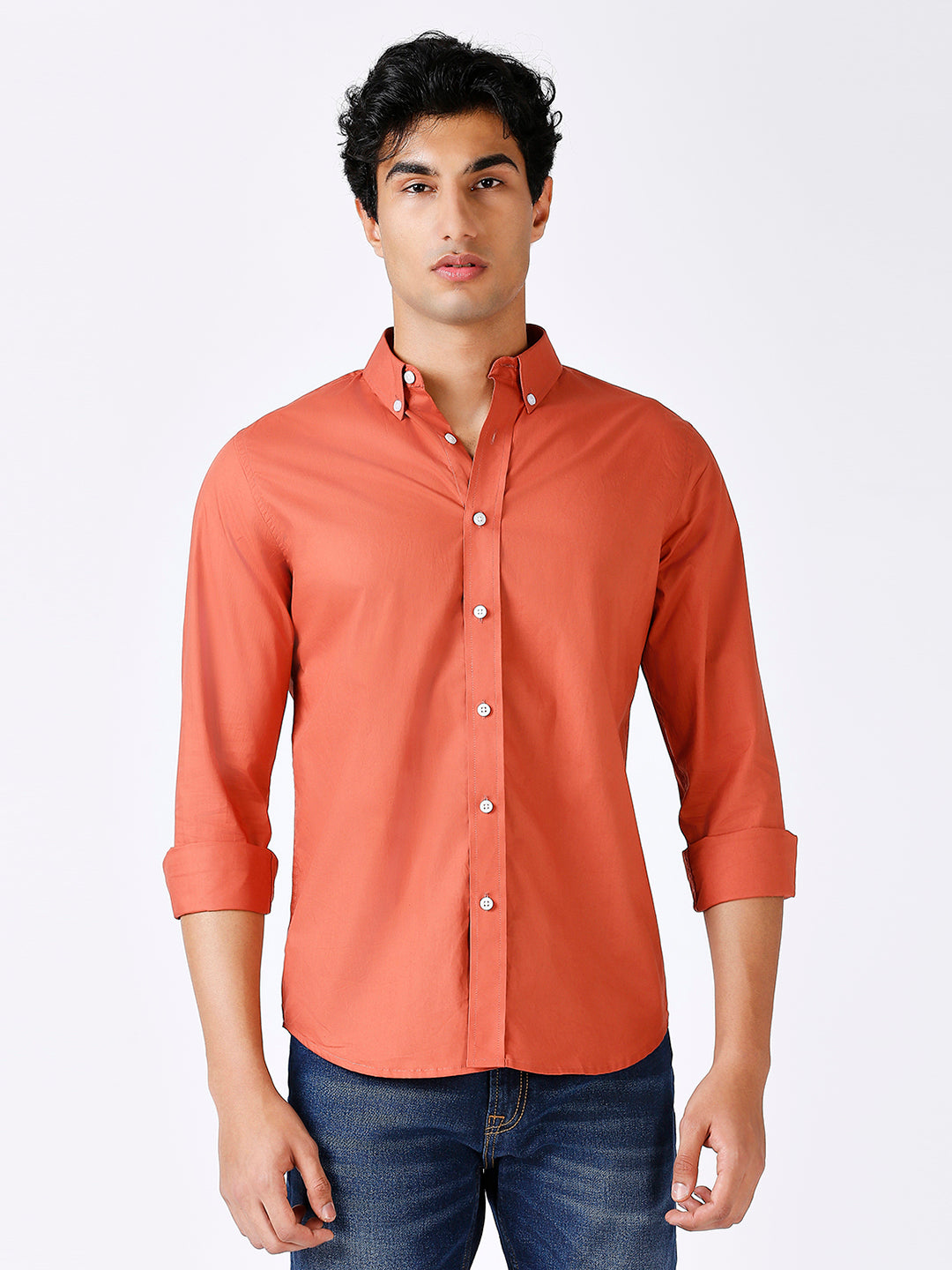 Solid Slim Fit Rust Casual Shirt