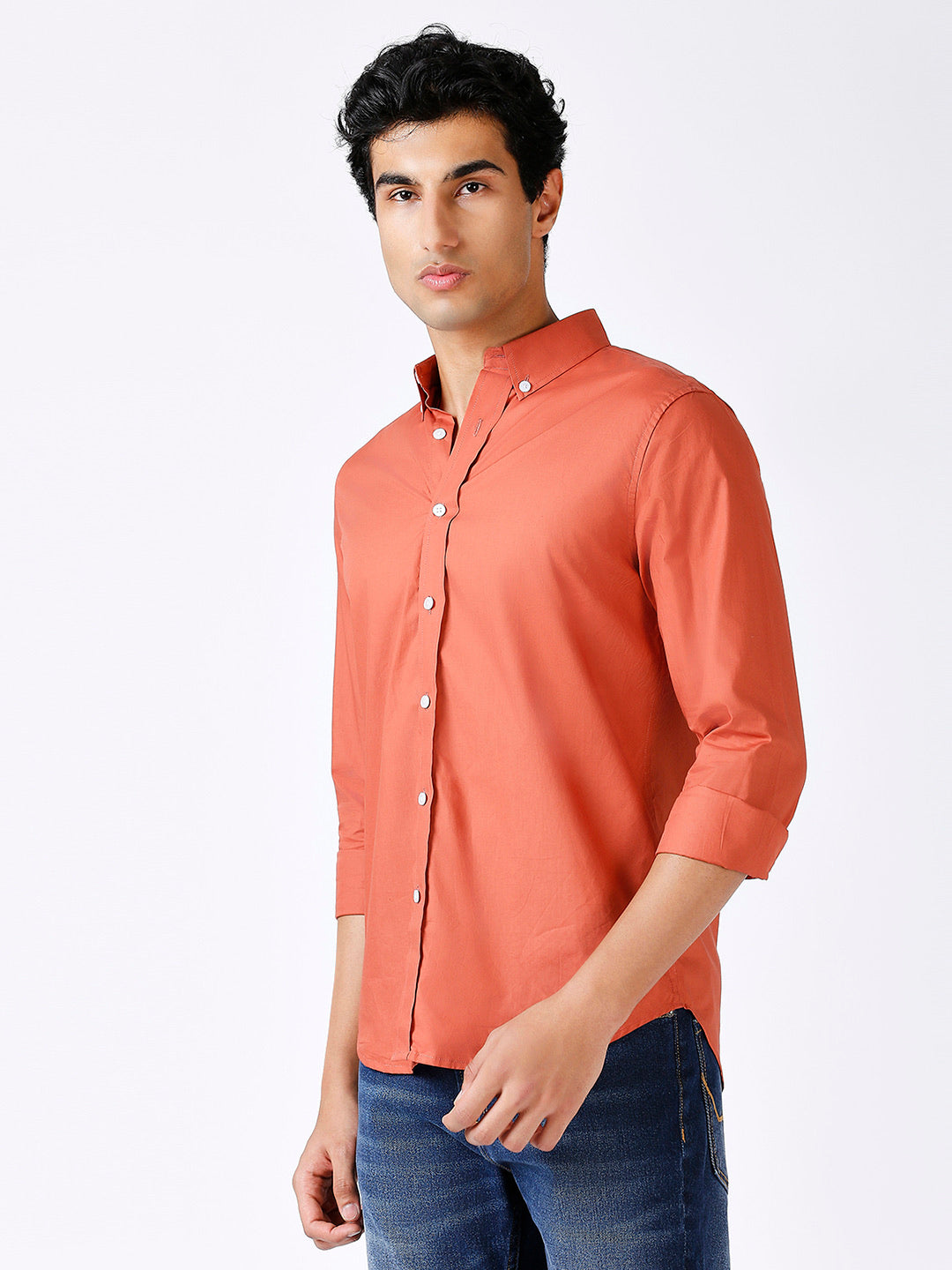 Solid Slim Fit Rust Casual Shirt