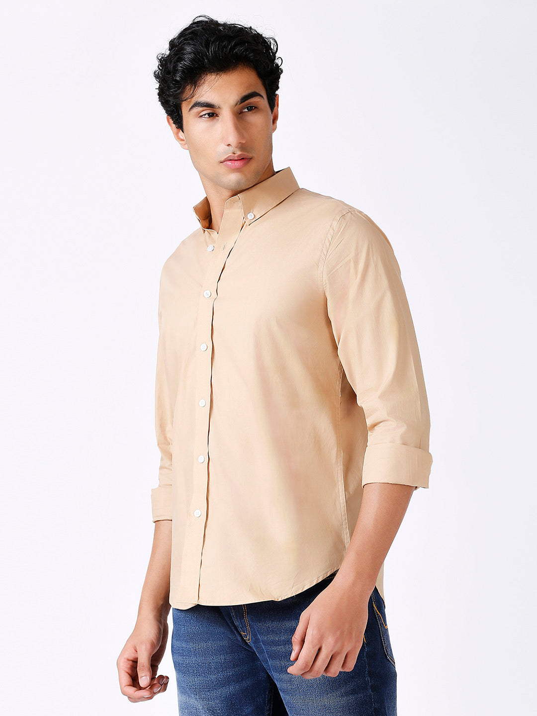 Solid Slim Fit Beige Casual Shirt