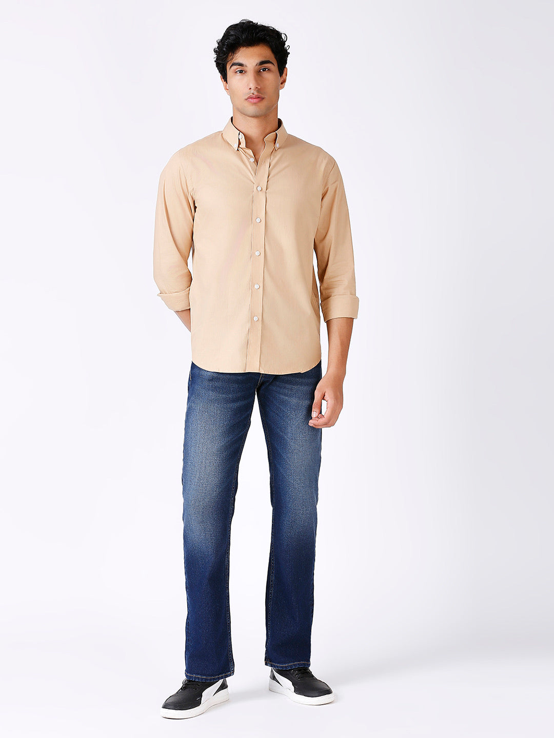 Solid Slim Fit Beige Casual Shirt