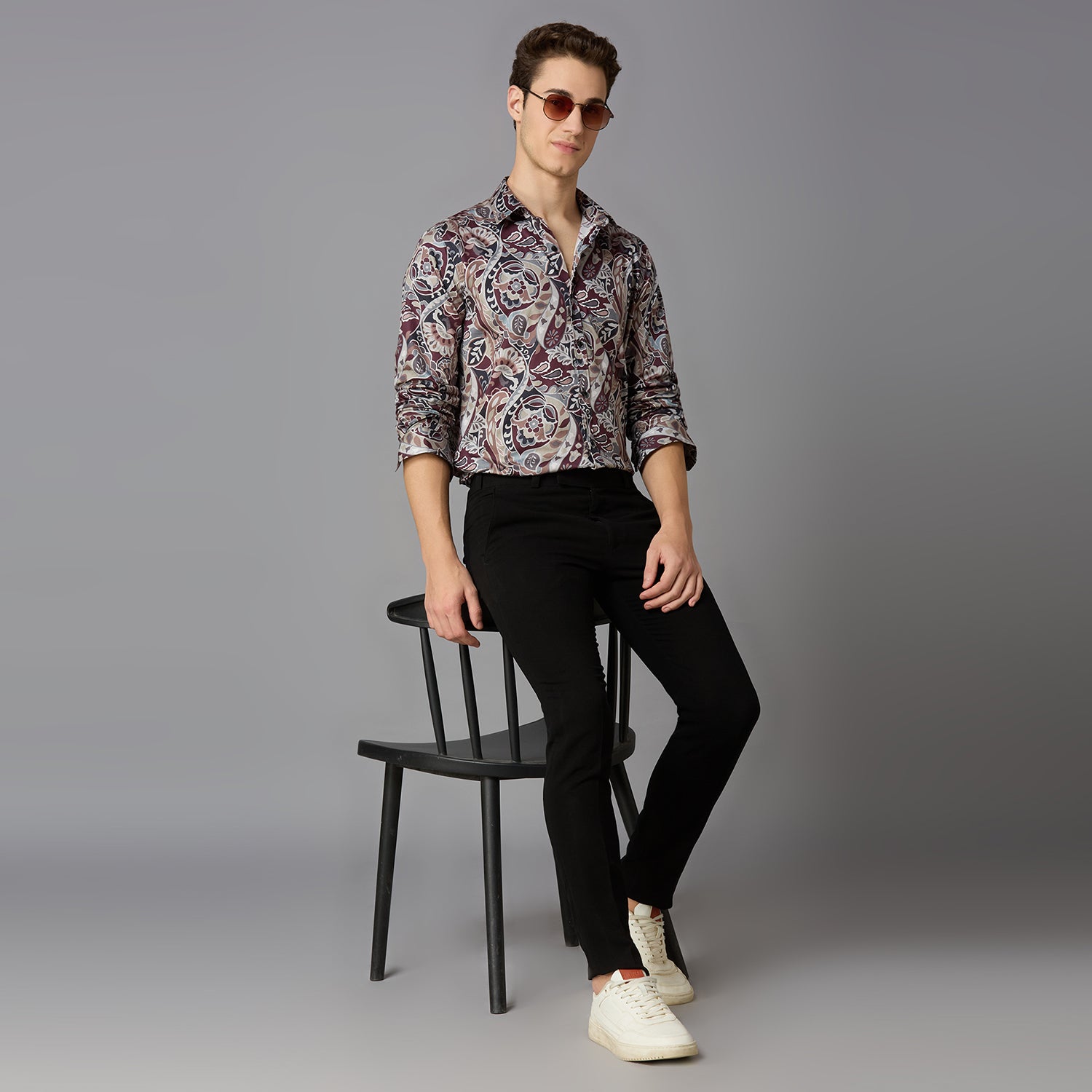 Men's Slim Fit Maroon 100% Cotton Printed Shirt | Mark & Albert