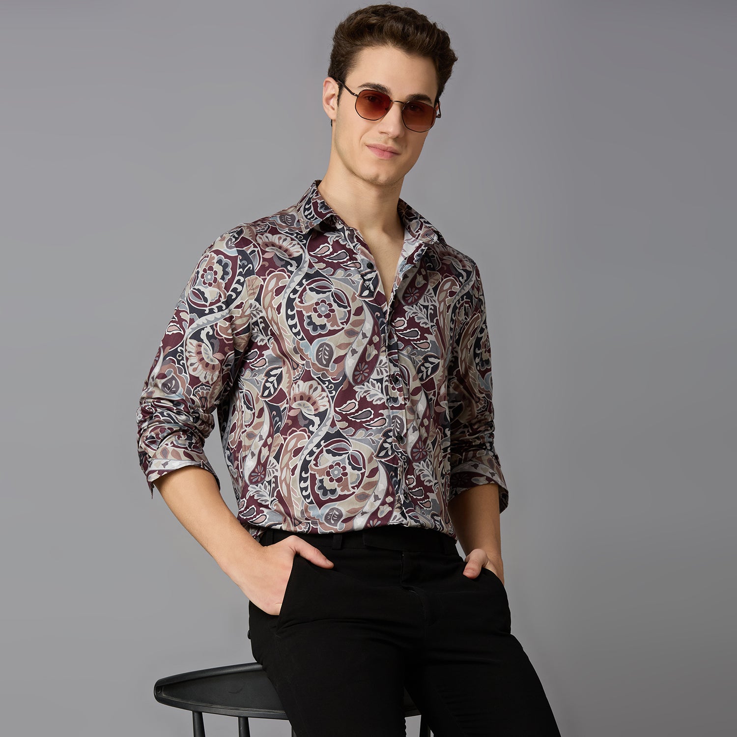 Men's Slim Fit Maroon 100% Cotton Printed Shirt | Mark & Albert