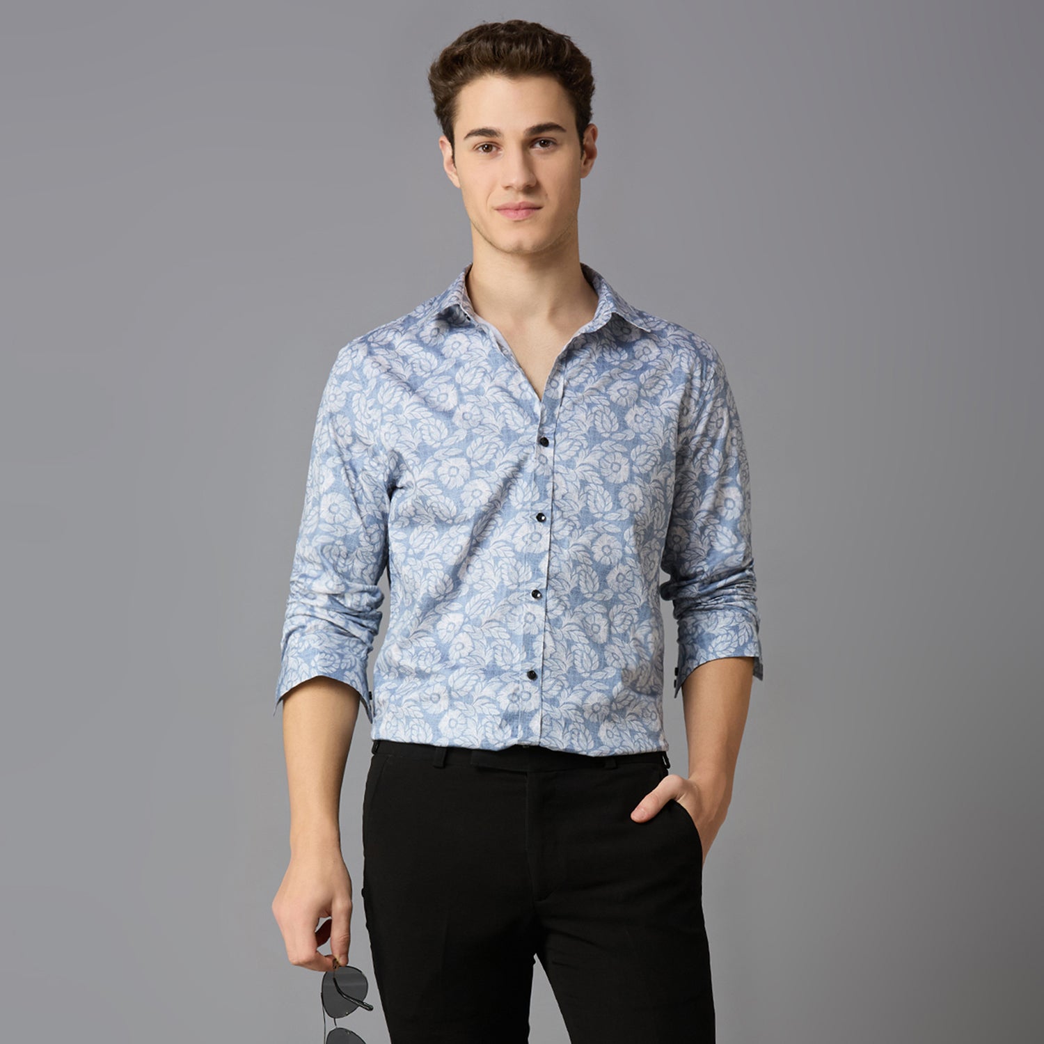 Men's Slim Fit Sky Blue 100% Cotton Printed Shirt | Mark & Albert