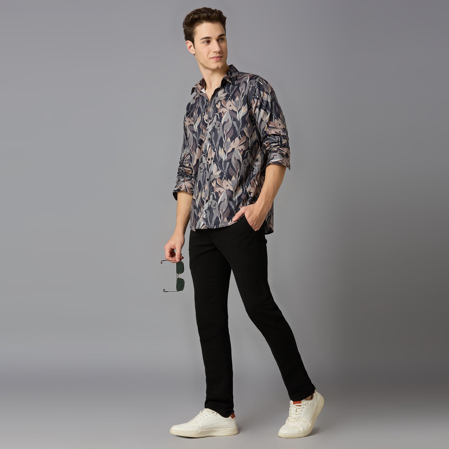 Men's Slim Fit Grey 100% Cotton Printed Shirt | Mark & Albert