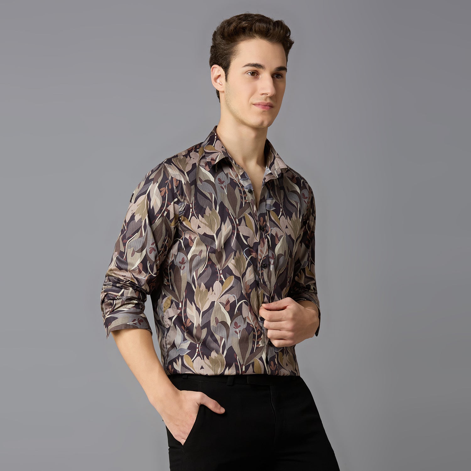 Men's Slim Fit Beige 100% Cotton Printed Shirt | Mark & Albert