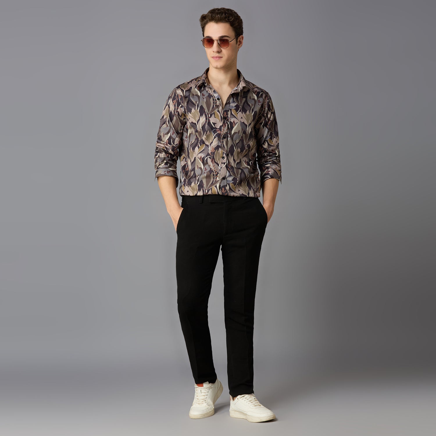 Men's Slim Fit Beige 100% Cotton Printed Shirt | Mark & Albert