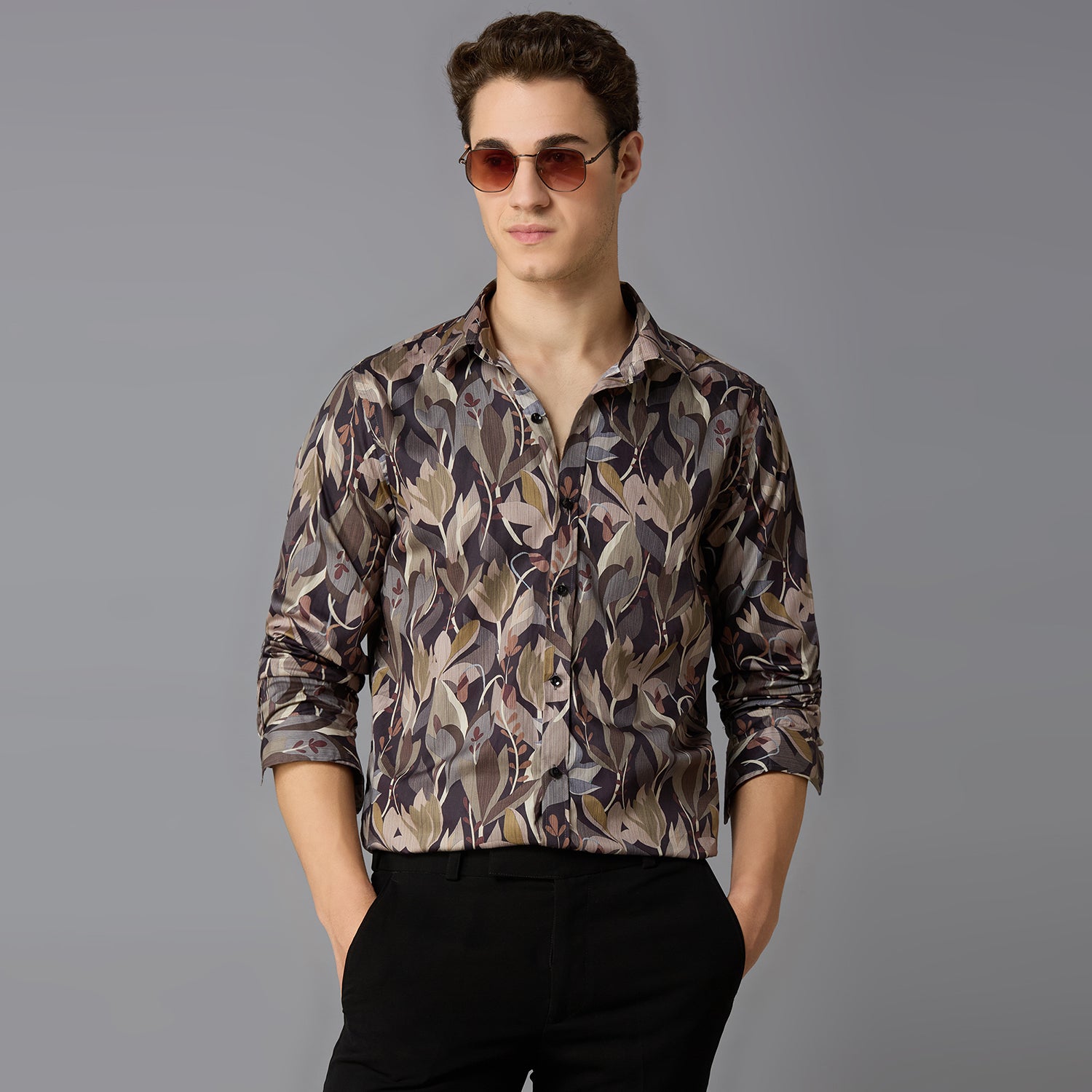 Men's Slim Fit Beige 100% Cotton Printed Shirt | Mark & Albert