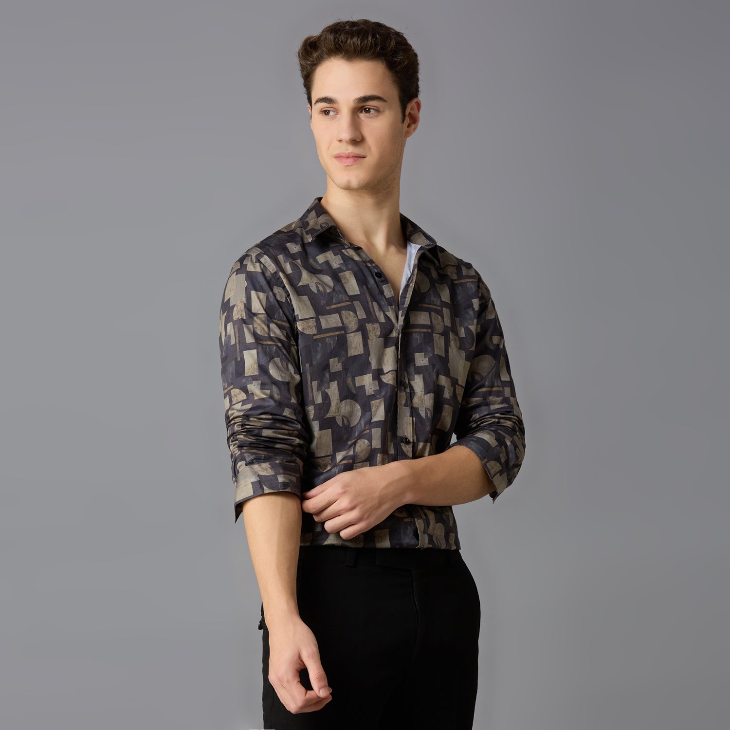 Men's Slim Fit Beige 100% Cotton Printed Shirt | Mark & Albert