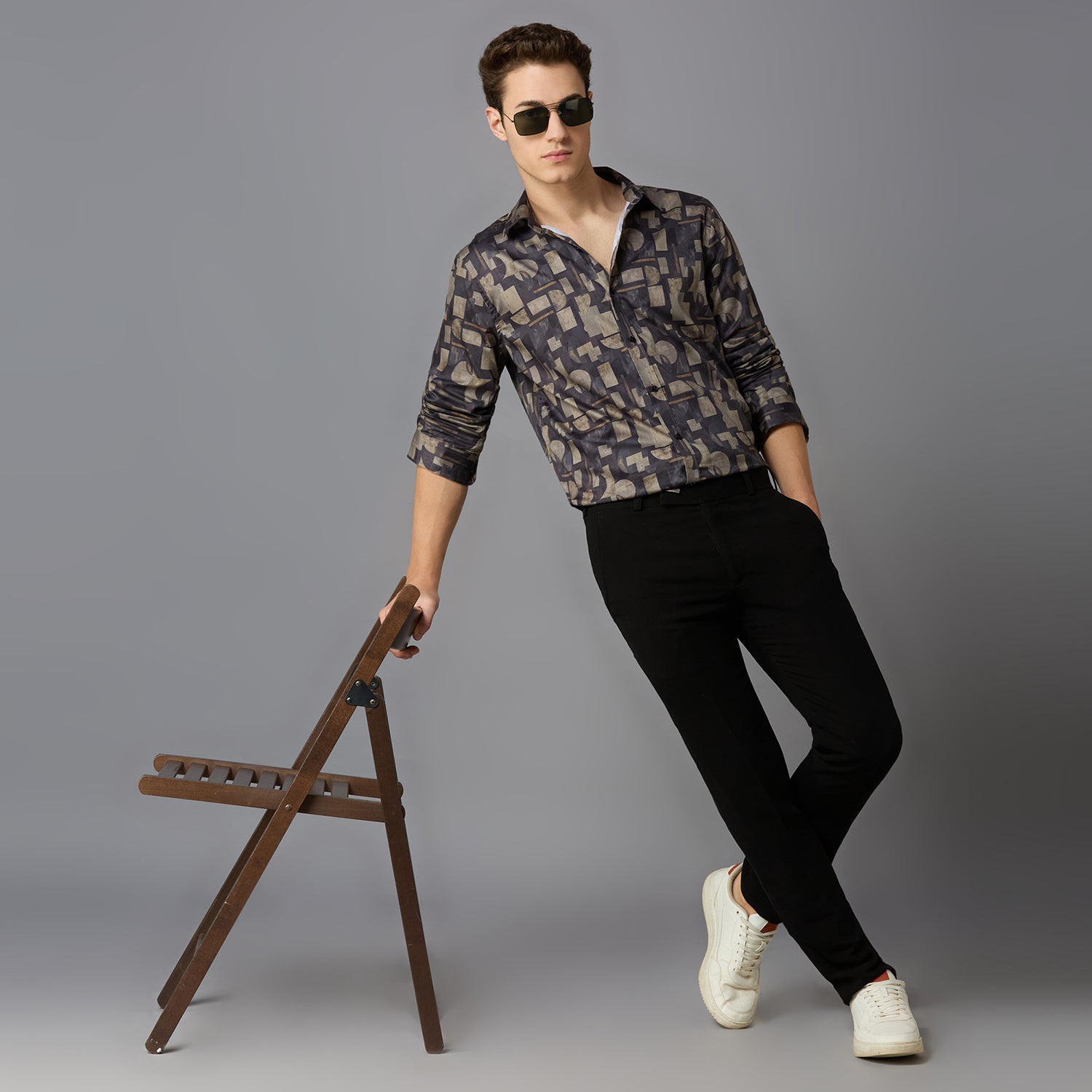 Men's Slim Fit Beige 100% Cotton Printed Shirt | Mark & Albert