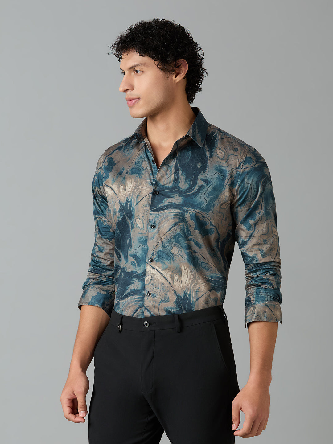 Men's Slim Fit Teal 100% Cotton Printed Shirt | Mark & Albert