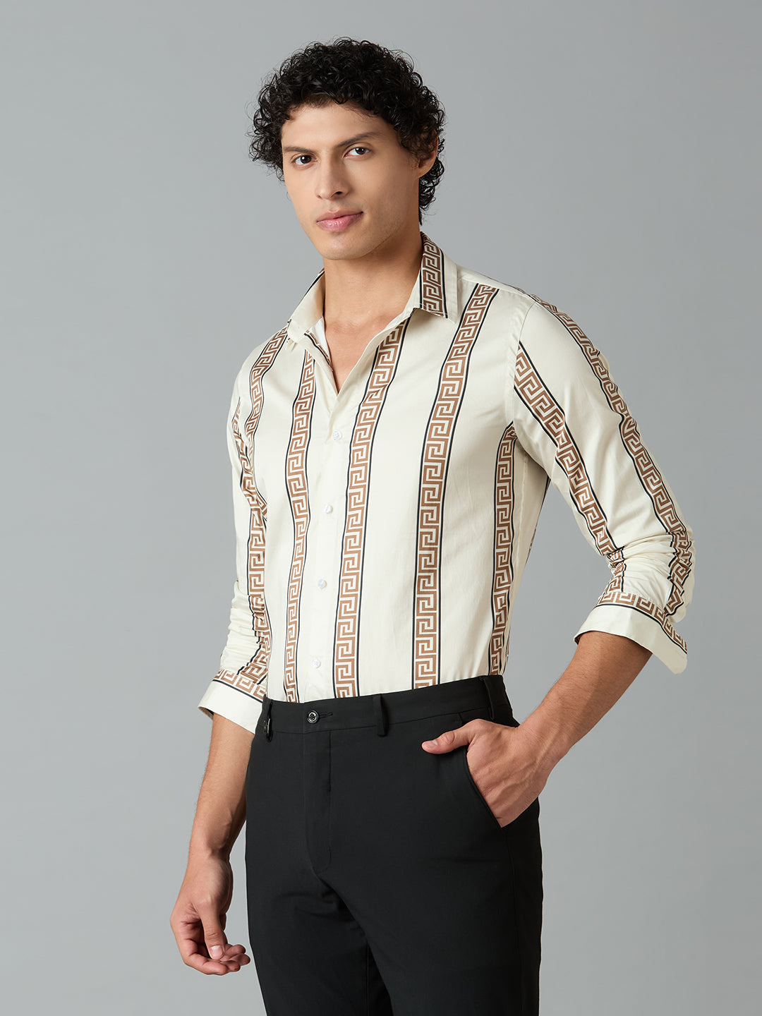 Men's Slim Fit Cream 100% Cotton Vertical Printed Shirt | Mark & Albert